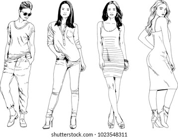 vector drawings on the theme of beautiful slim sporty girl in casual clothes in various poses painted ink hand sketch with no background