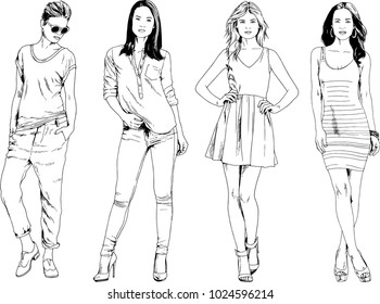 vector drawings on the theme of beautiful slim sporty girl in casual clothes in various poses painted ink hand sketch with no background