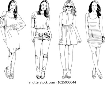 vector drawings on the theme of beautiful slim sporty girl in casual clothes in various poses painted ink hand sketch with no background