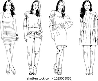 vector drawings on the theme of beautiful slim sporty girl in casual clothes in various poses painted ink hand sketch with no background