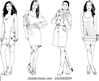 vector drawings on the theme of beautiful slim sporty girl in casual clothes in various poses painted ink hand sketch with no background