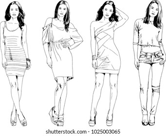vector drawings on the theme of beautiful slim sporty girl in casual clothes in various poses painted ink hand sketch with no background