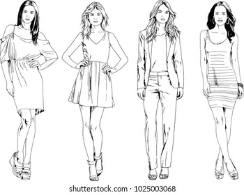 vector drawings on the theme of beautiful slim sporty girl in casual clothes in various poses painted ink hand sketch with no background