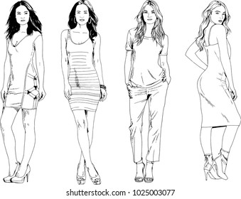 vector drawings on the theme of beautiful slim sporty girl in casual clothes in various poses painted ink hand sketch with no background