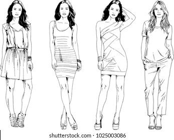 vector drawings on the theme of beautiful slim sporty girl in casual clothes in various poses painted ink hand sketch with no background