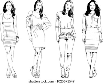 vector drawings on the theme of beautiful slim sporty girl in casual clothes in various poses painted ink hand sketch with no background
