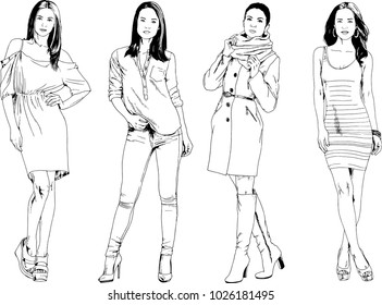 vector drawings on the theme of beautiful slim sporty girl in casual clothes in various poses painted ink hand sketch with no background