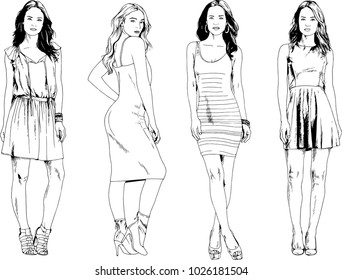 vector drawings on the theme of beautiful slim sporty girl in casual clothes in various poses painted ink hand sketch with no background