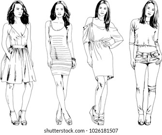 vector drawings on the theme of beautiful slim sporty girl in casual clothes in various poses painted ink hand sketch with no background