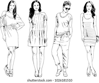 vector drawings on the theme of beautiful slim sporty girl in casual clothes in various poses painted ink hand sketch with no background