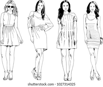 vector drawings on the theme of beautiful slim sporty girl in casual clothes in various poses painted ink hand sketch with no background