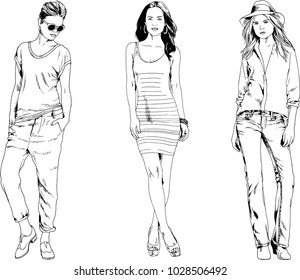 vector drawings on the theme of beautiful slim sporty girl in casual clothes in various poses painted ink hand sketch with no background