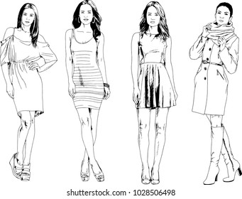 vector drawings on the theme of beautiful slim sporty girl in casual clothes in various poses painted ink hand sketch with no background