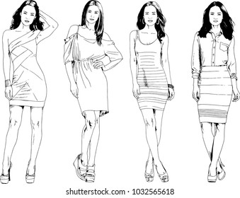 vector drawings on the theme of beautiful slim sporty girl in casual clothes in various poses painted ink hand sketch with no background