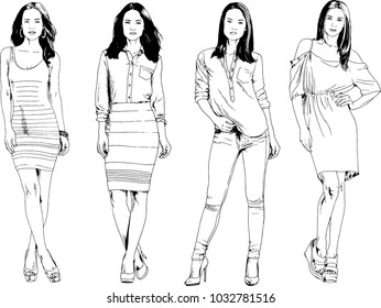vector drawings on the theme of beautiful slim sporty girl in casual clothes in various poses painted ink hand sketch with no background
