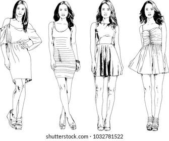 vector drawings on the theme of beautiful slim sporty girl in casual clothes in various poses painted ink hand sketch with no background