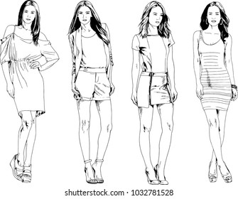 vector drawings on the theme of beautiful slim sporty girl in casual clothes in various poses painted ink hand sketch with no background
