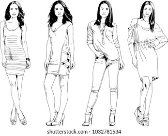 vector drawings on the theme of beautiful slim sporty girl in casual clothes in various poses painted ink hand sketch with no background