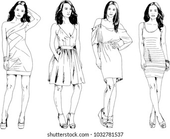 vector drawings on the theme of beautiful slim sporty girl in casual clothes in various poses painted ink hand sketch with no background