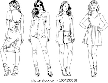 vector drawings on the theme of beautiful slim sporty girl in casual clothes in various poses painted ink hand sketch with no background
