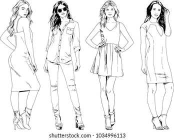 vector drawings on the theme of beautiful slim sporty girl in casual clothes in various poses painted ink hand sketch with no background