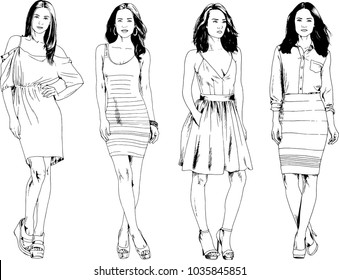 vector drawings on the theme of beautiful slim sporty girl in casual clothes in various poses painted ink hand sketch with no background