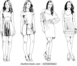 vector drawings on the theme of beautiful slim sporty girl in casual clothes in various poses painted ink hand sketch with no background