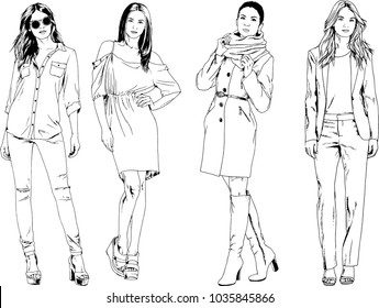 vector drawings on the theme of beautiful slim sporty girl in casual clothes in various poses painted ink hand sketch with no background