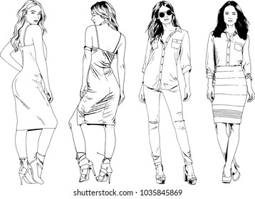 vector drawings on the theme of beautiful slim sporty girl in casual clothes in various poses painted ink hand sketch with no background