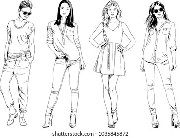 vector drawings on the theme of beautiful slim sporty girl in casual clothes in various poses painted ink hand sketch with no background
