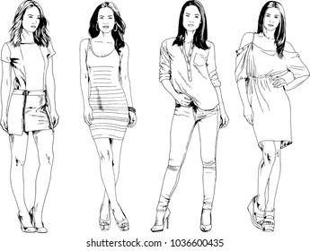 vector drawings on the theme of beautiful slim sporty girl in casual clothes in various poses painted ink hand sketch with no background
