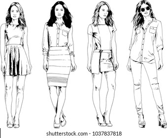 vector drawings on the theme of beautiful slim sporty girl in casual clothes in various poses painted ink hand sketch with no background