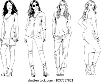 vector drawings on the theme of beautiful slim sporty girl in casual clothes in various poses painted ink hand sketch with no background