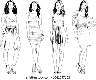 vector drawings on the theme of beautiful slim sporty girl in casual clothes in various poses painted ink hand sketch with no background
