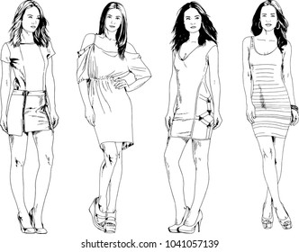 vector drawings on the theme of beautiful slim sporty girl in casual clothes in various poses painted ink hand sketch with no background
