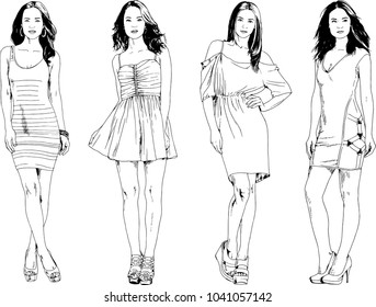 vector drawings on the theme of beautiful slim sporty girl in casual clothes in various poses painted ink hand sketch with no background
