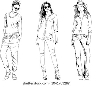 vector drawings on the theme of beautiful slim sporty girl in casual clothes in various poses painted ink hand sketch with no background

