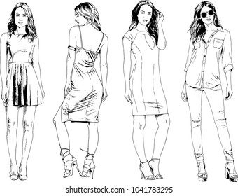 vector drawings on the theme of beautiful slim sporty girl in casual clothes in various poses painted ink hand sketch with no background
