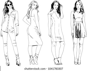 vector drawings on the theme of beautiful slim sporty girl in casual clothes in various poses painted ink hand sketch with no background
