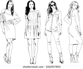 vector drawings on the theme of beautiful slim sporty girl in casual clothes in various poses painted ink hand sketch with no background
