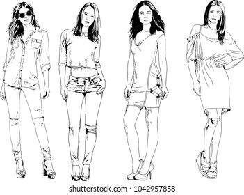 vector drawings on the theme of beautiful slim sporty girl in casual clothes in various poses painted ink hand sketch with no background
