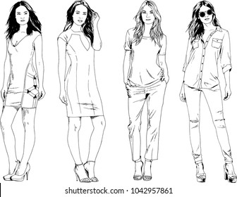 vector drawings on the theme of beautiful slim sporty girl in casual clothes in various poses painted ink hand sketch with no background
