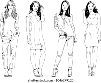 vector drawings on the theme of beautiful slim sporty girl in casual clothes in various poses painted ink hand sketch with no background
