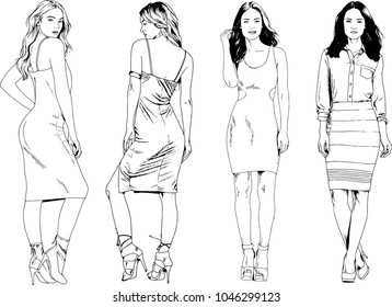 vector drawings on the theme of beautiful slim sporty girl in casual clothes in various poses painted ink hand sketch with no background
