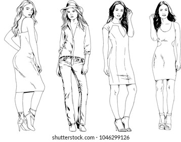 vector drawings on the theme of beautiful slim sporty girl in casual clothes in various poses painted ink hand sketch with no background
