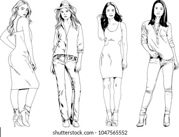 vector drawings on the theme of beautiful slim sporty girl in casual clothes in various poses painted ink hand sketch with no background
