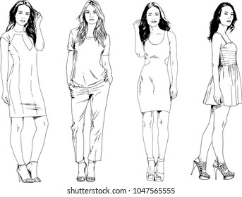 vector drawings on the theme of beautiful slim sporty girl in casual clothes in various poses painted ink hand sketch with no background
