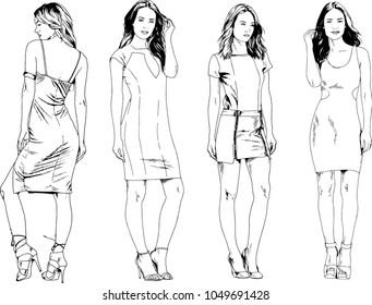 vector drawings on the theme of beautiful slim sporty girl in casual clothes in various poses painted ink hand sketch with no background
