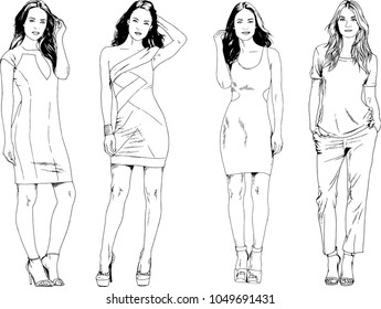vector drawings on the theme of beautiful slim sporty girl in casual clothes in various poses painted ink hand sketch with no background
