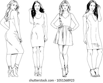 vector drawings on the theme of beautiful slim sporty girl in casual clothes in various poses painted ink hand sketch with no background
